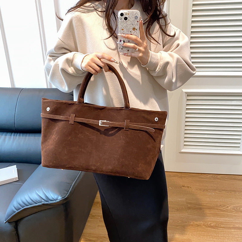 Decorative Design Solid Faux Suede Handbag Large Capacity Casual Tote Bags For Women Tote Design Portable Shoulder Bag