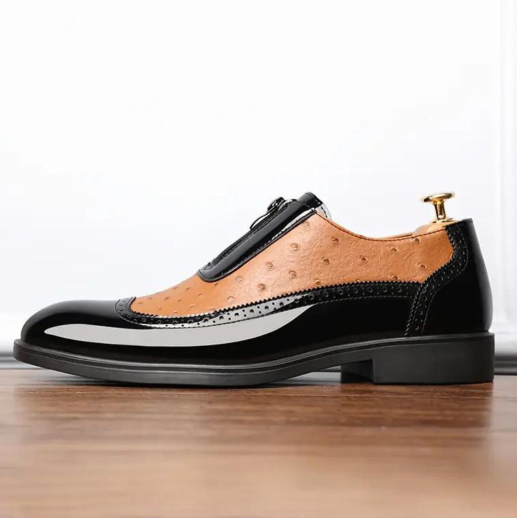 Ostrich Grain Embossed Zipper Pointed Plus Size Bright Leather Chelsea Men's Shoes